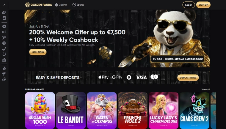 Golden Pandas startsida med ett välkomsterbjudande på upp till 7 500 € och 10% veckovis cashback, samt maskoten Fu Bao.