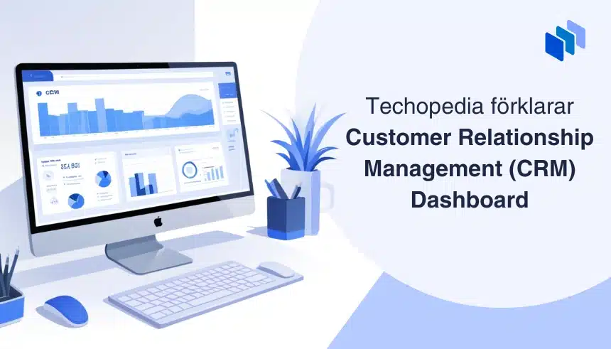 Illustration av en CRM-dashboard p? en datorsk?rm med grafer och diagram med text om Customer Relationship Management (CRM).