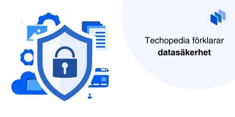 Sk?ld med ett l?s framf?r olika ikoner relaterade till teknik, med texten Techopedia f?rklarar datas?kerhet.