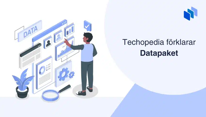 En illustration visar en person som interagerar med data p? en digital sk?rm bredvid texten Techopedia f?rklarar Datapaket.