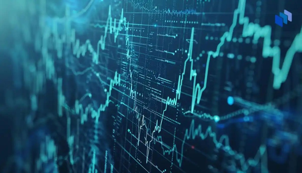 Grafisk bild som visar digitala diagram och datafl?den p? en sk?rm, vilket representerar finansiell analys och kryptohandel.