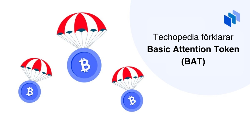 Tre symboler f?r Bitcoin med fallsk?rmar representerar Basic Attention Token (BAT) och dess f?rklaring enligt Techopedia.