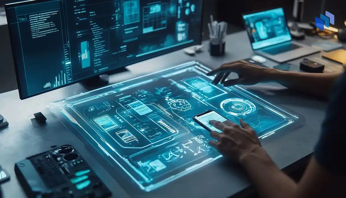 En person arbetar med apputveckling p? en futuristisk digital arbetsstation med flera sk?rmar och interaktiva gr?nssnitt.
