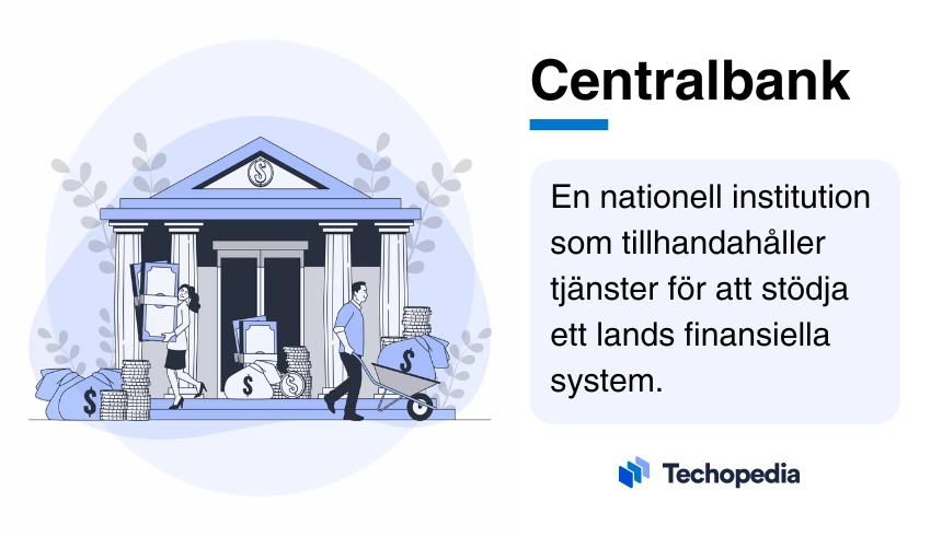 Illustration av en centralbank med text som f?rklarar vad en centralbank ?r.