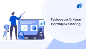 Grafisk illustration av portf?ljinvestering, med grafer, pengas?ckar och en person som pekar p? ett v?xande diagram.