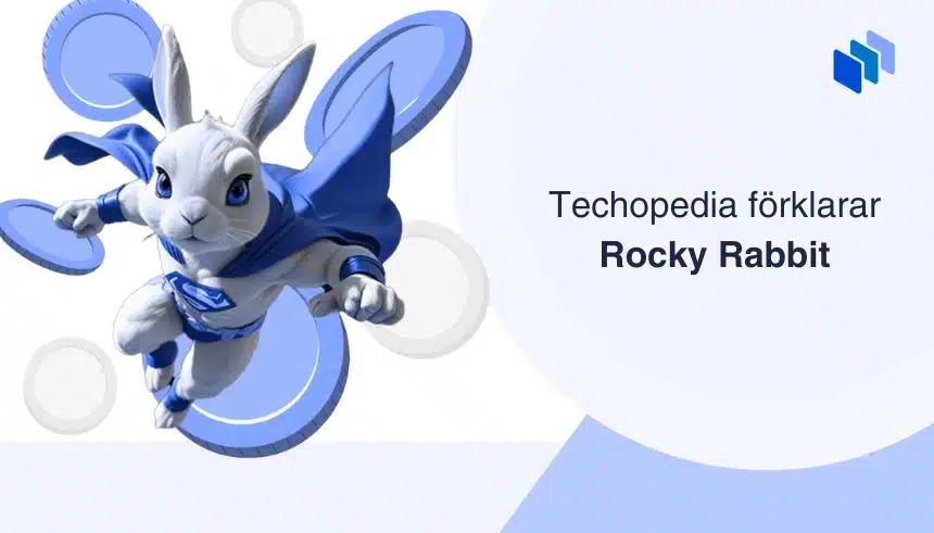 Rocky Rabbit i superhj?ltedr?kt med mynt omkring sig, med texten Techopedia f?rklarar Rocky Rabbit.