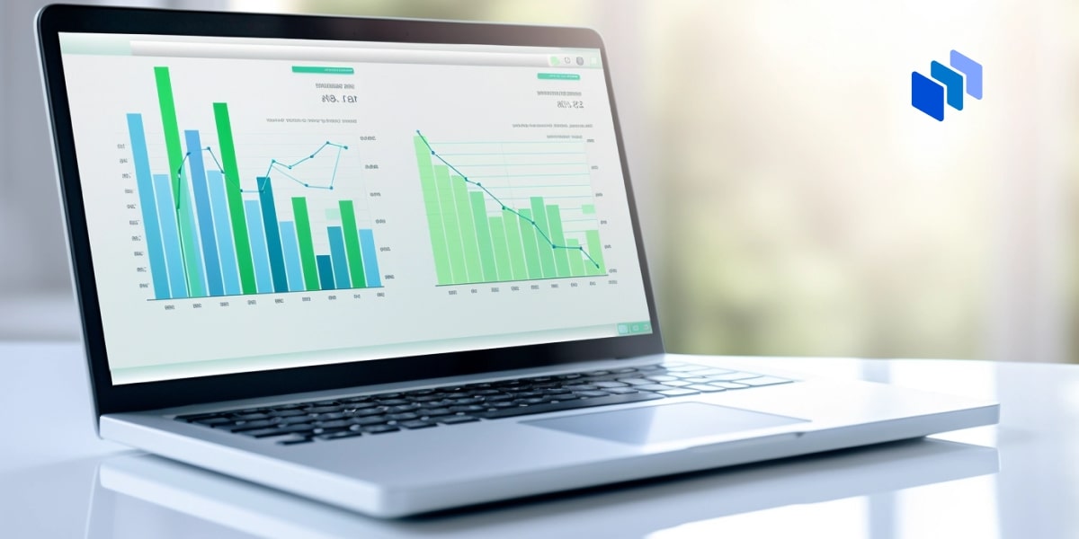 A laptop screen with charts